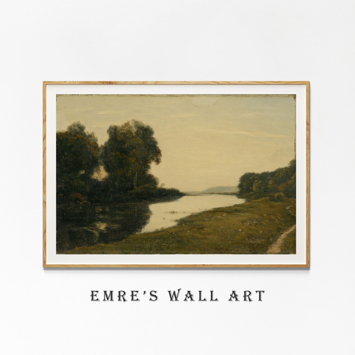 Moody River at Dusk Vintage Green Landscape Calm Water Painting Print - Image 2