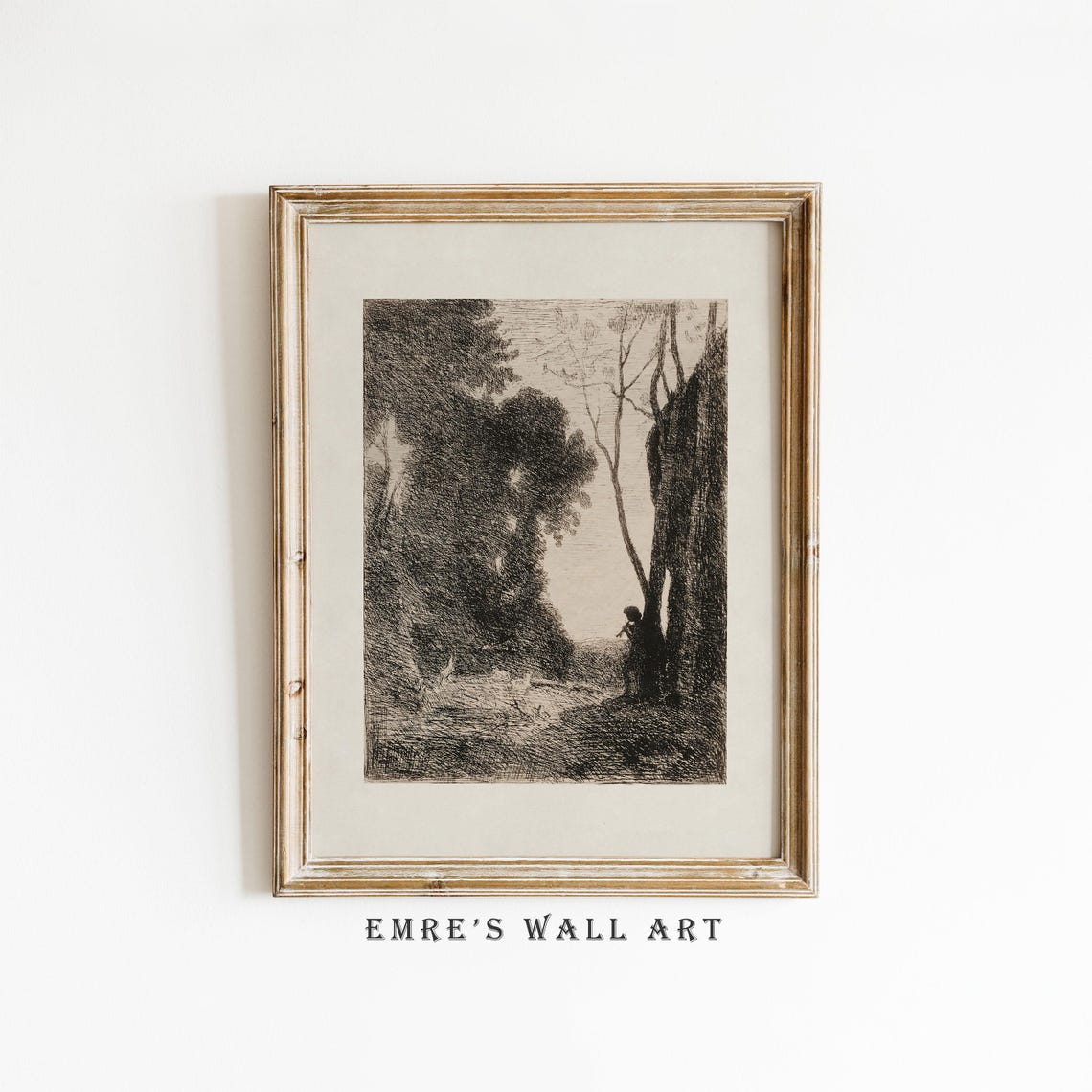 Sepia Etching of Figure on Forest Path Vintage Nature Poster