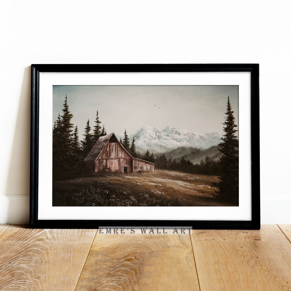 Rustic Old Wooden Barn Vast Snowy Mountains Pine Forest Poster - Image 4