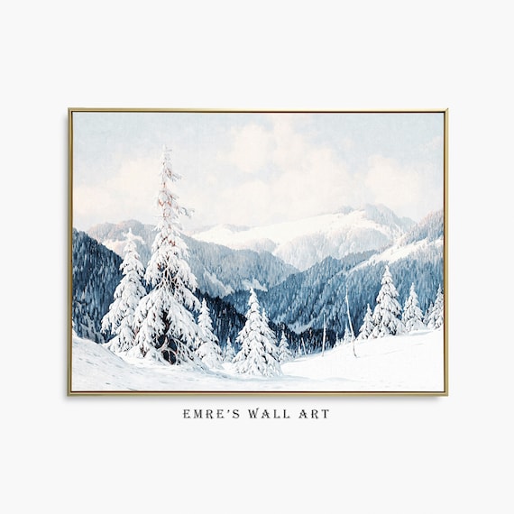 Snowy Mountain Pines Blue Winter Landscape Vintage Oil Painting Poster