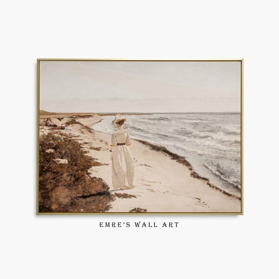 Woman Walking On Beach Vintage Coastal Oil Painting Serene Poster