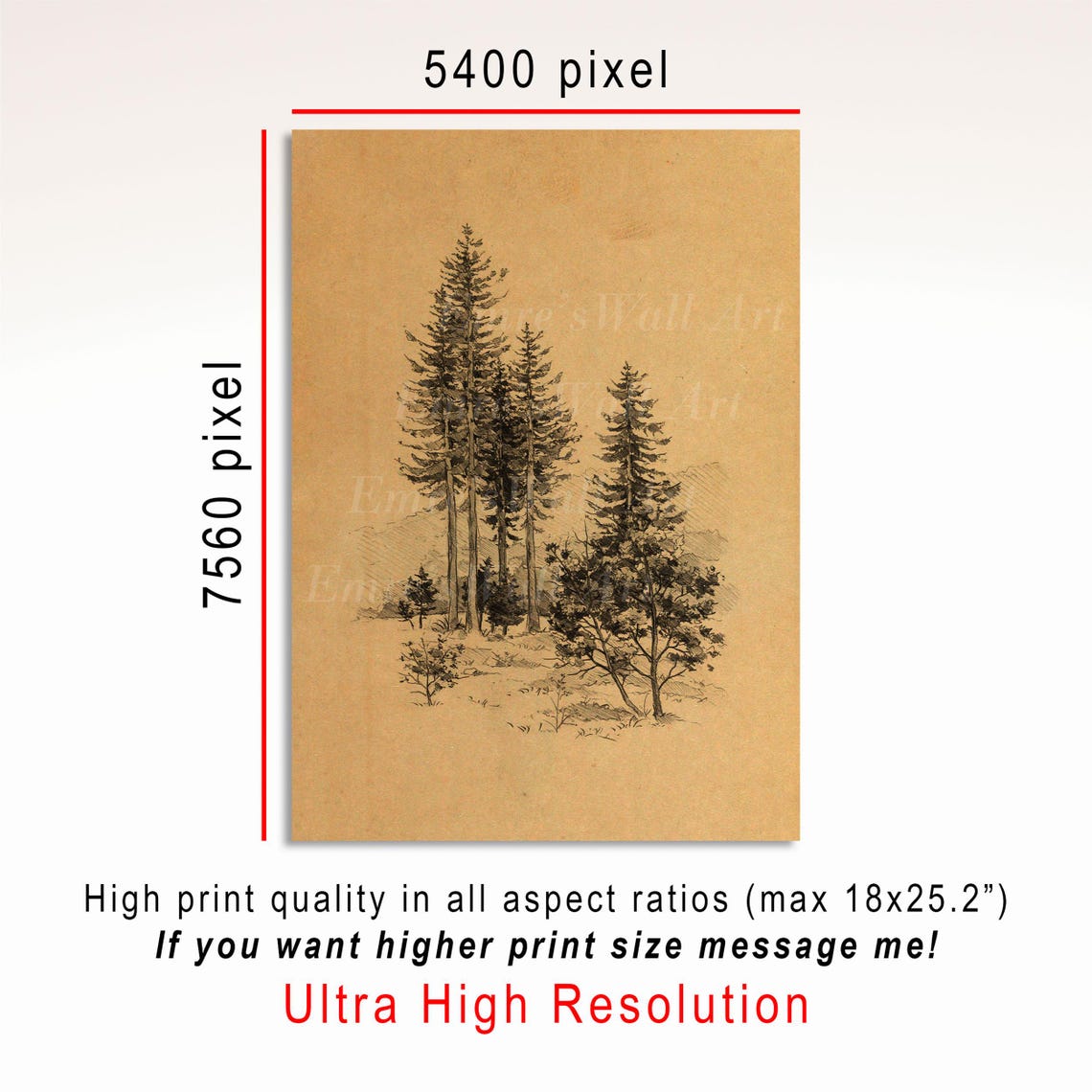 Tall Pine Trees Ink Sketch on Kraft Paper Vintage Nature Art Poster - Image 3