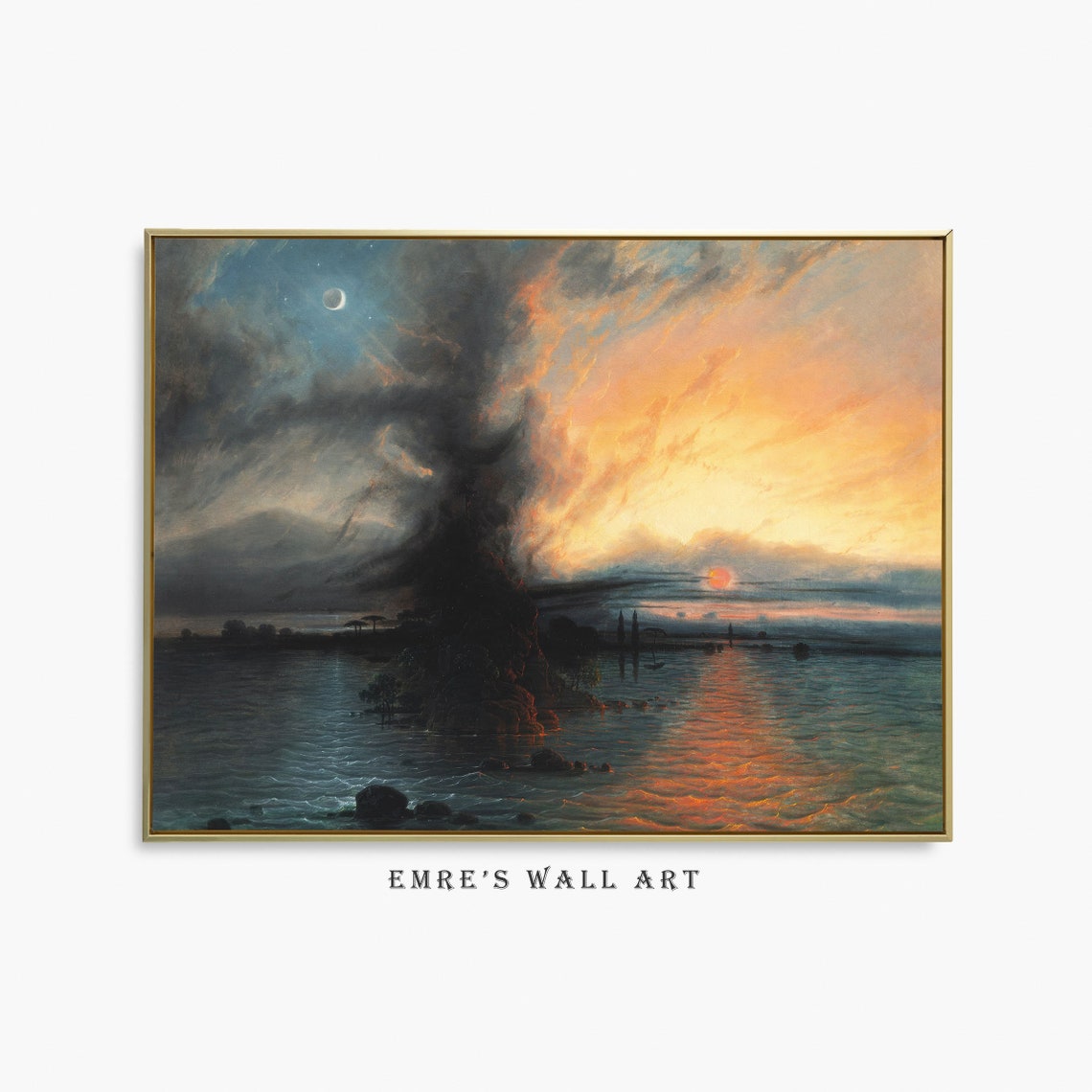 Dramatic Sunset Over Water with Crescent Moon Stormy Seascape Poster