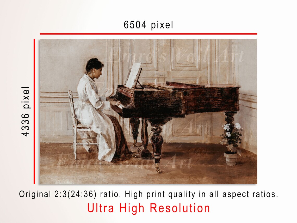 Woman Playing Grand Piano Vintage Parlor Scene Oil Painting Poster - Image 3