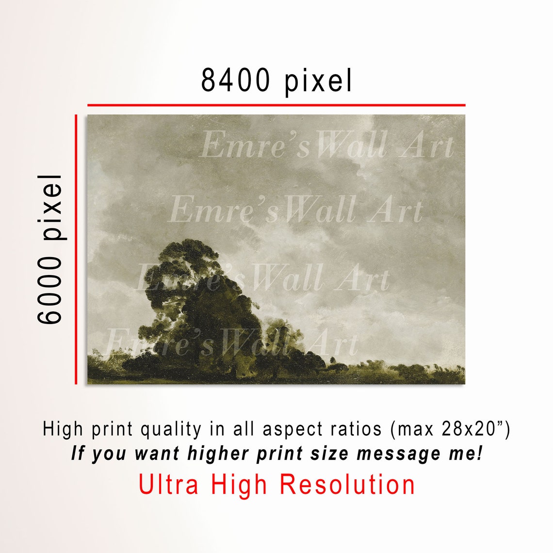 Moody Cloudy Sky Country Landscape Painting Dark Tree Vintage Wall Art - Image 3