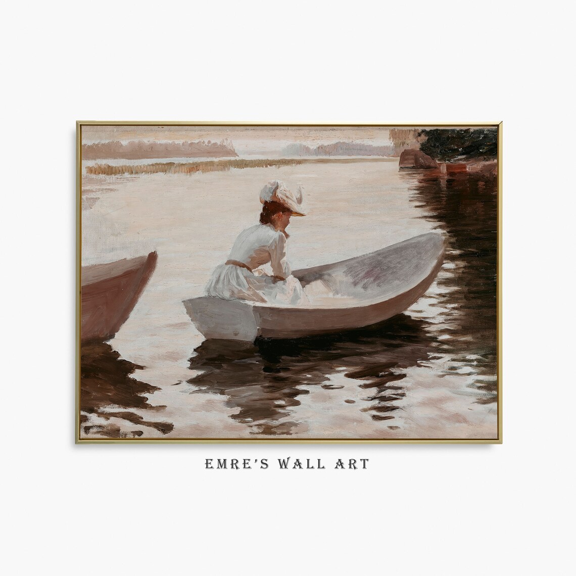 Woman in White Dress in Rowboat on Calm Lake Vintage Painting Poster
