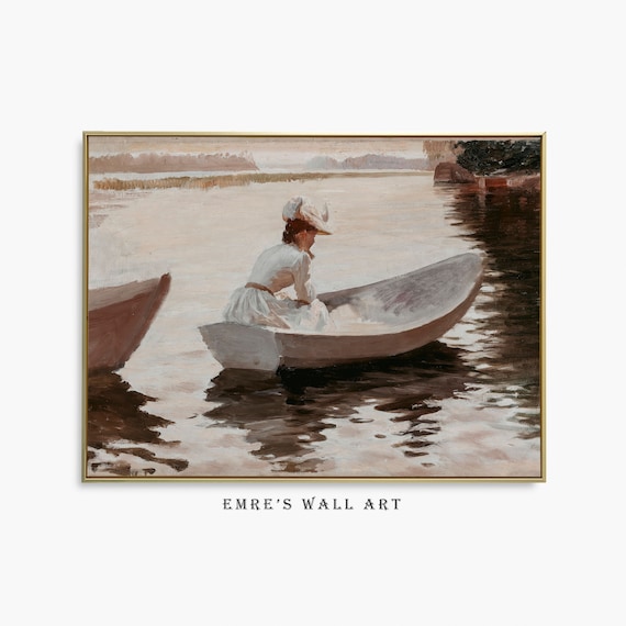 Woman in White Dress in Rowboat on Calm Lake Vintage Painting Poster