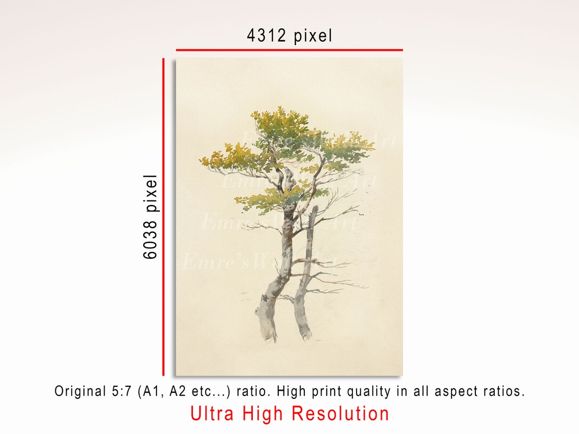 Lone Tree Watercolor Sketch Delicate Botanical Drawing Wall Art - Image 3