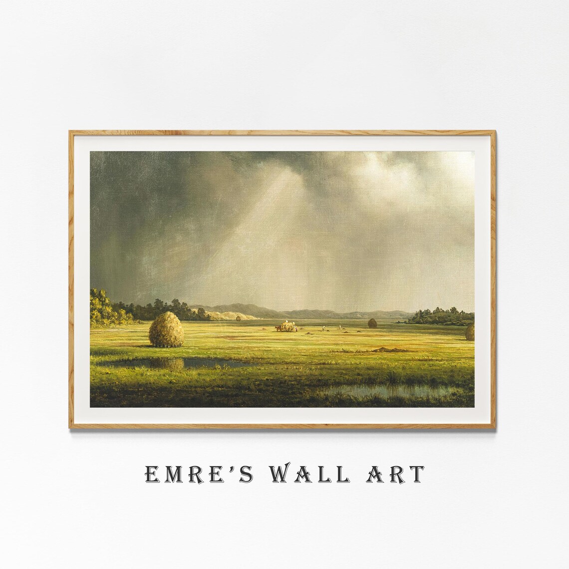 Haystacks Field Sunbeams Moody Harvest Landscape Oil Painting Poster - Image 4