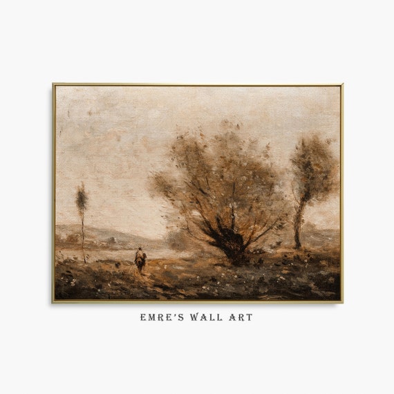 Vintage Landscape Print Brown Vintage Oil Painting Antique Farmhouse Decor Vintage Nature Art Decor Rustic Neutral Wall Decor