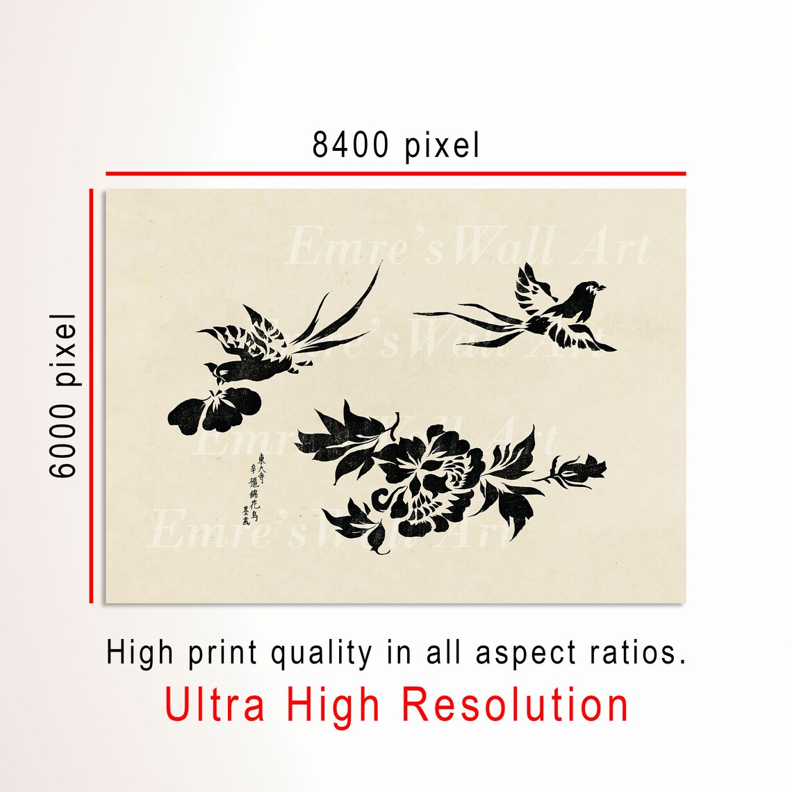 Japanese Birds and Flowers Black Ink Minimal Asian Art Poster - Image 3