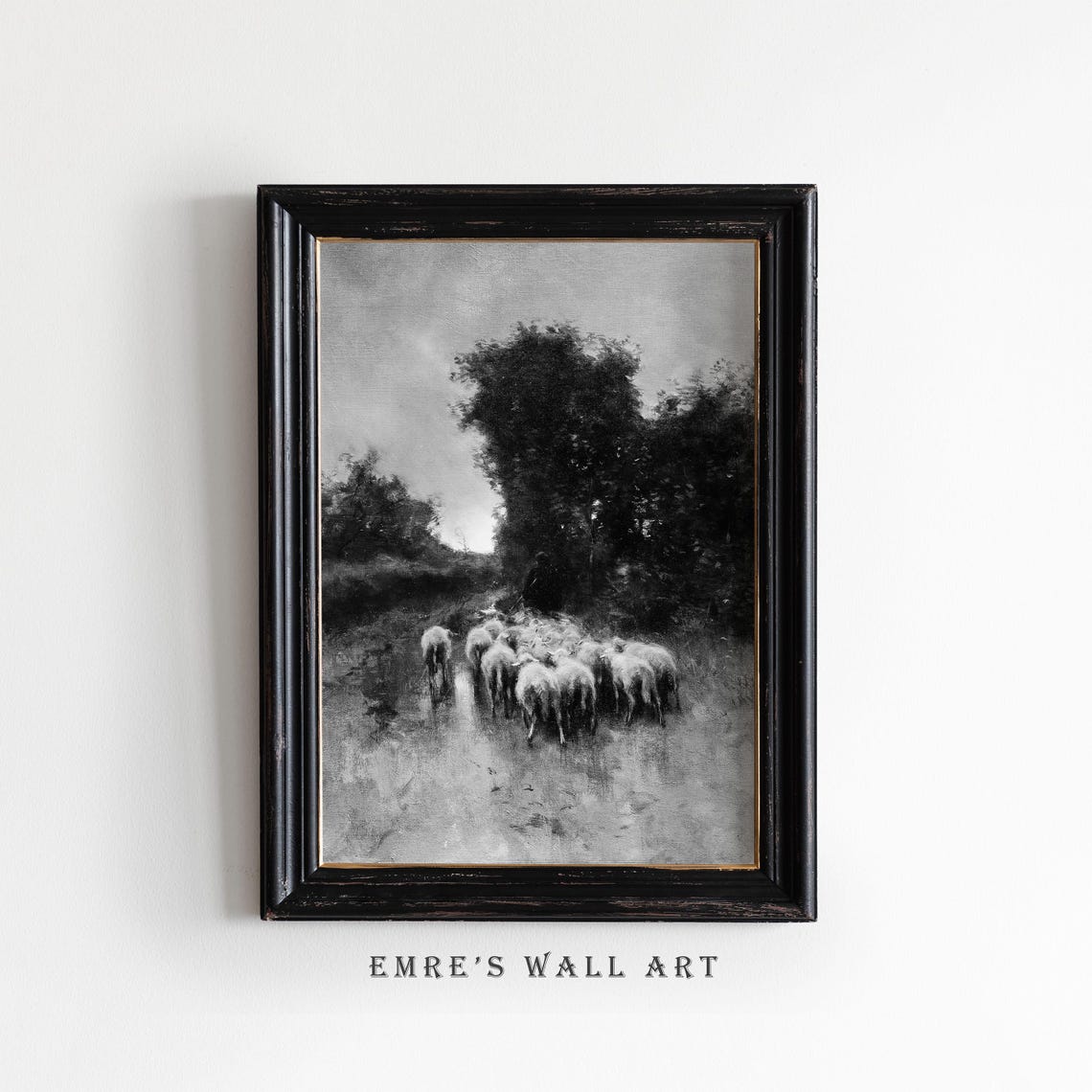 Flock of Sheep Walking Down Country Path Black and White Poster