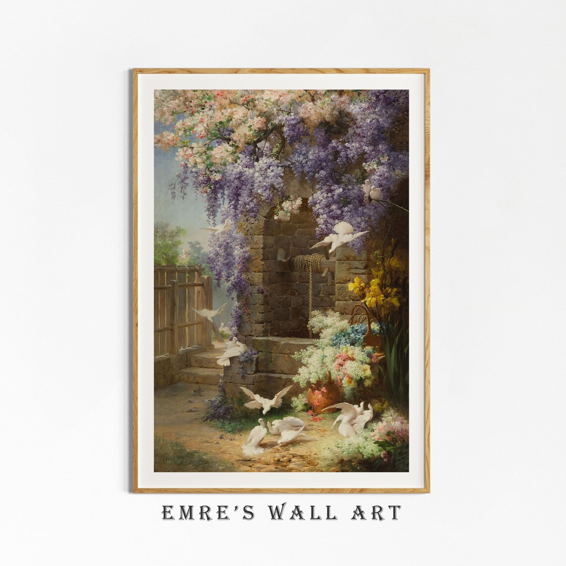 Vintage Garden Painting Stone Well Wisteria White Doves Flowers Poster - Image 4