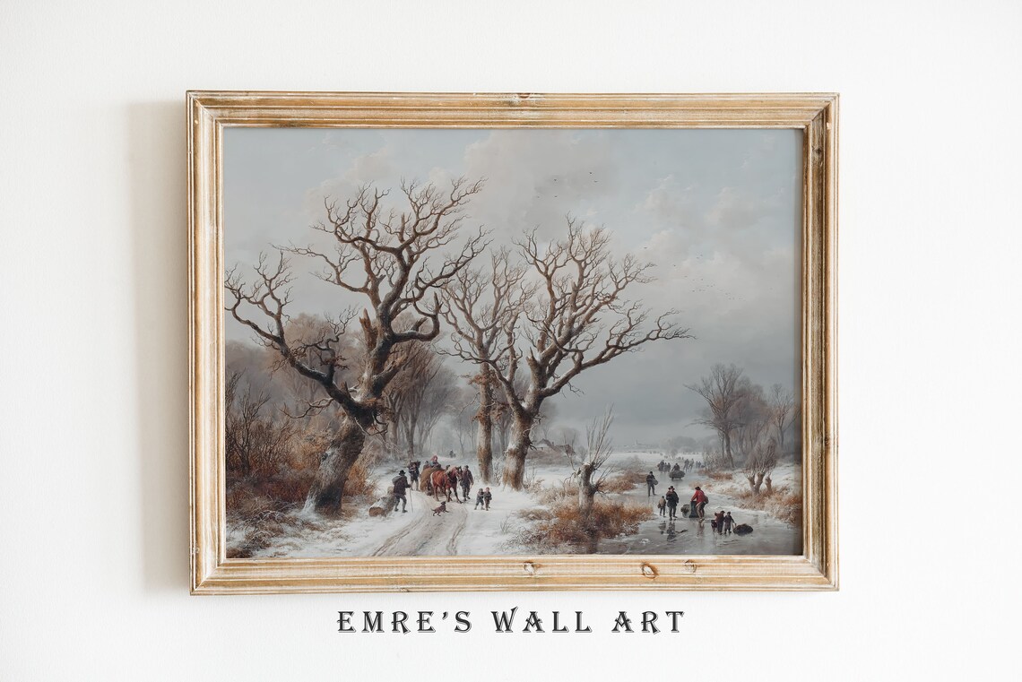 Bare Oak Trees Frozen Pond Winter Skaters Vintage Oil Painting Poster - Image 2