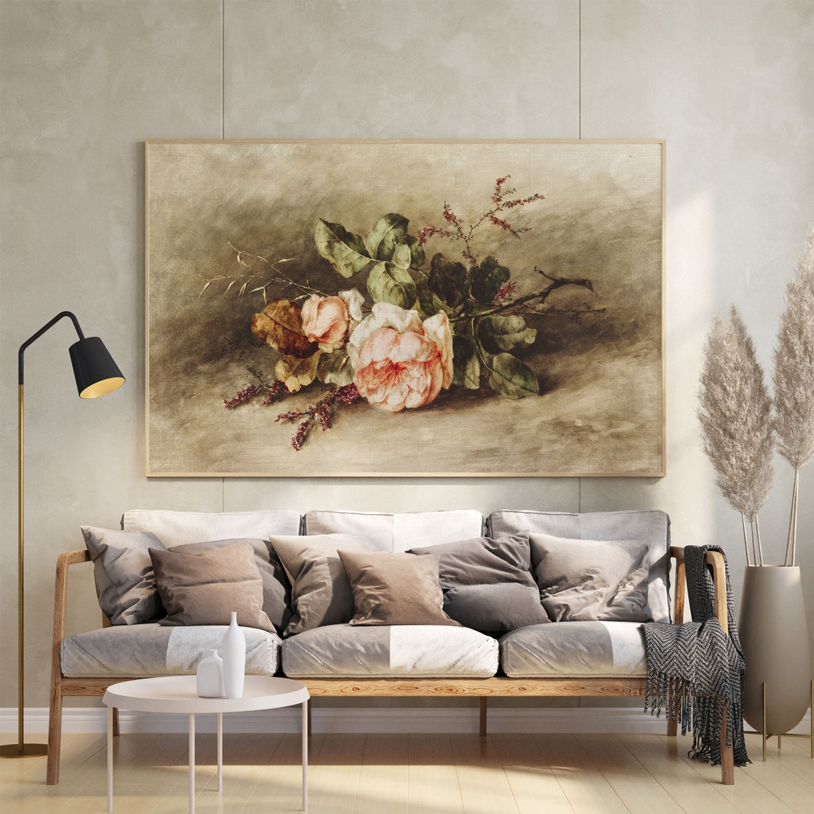 Vintage Pink Roses Still Life Painting Soft Neutral Floral Poster - Image 2