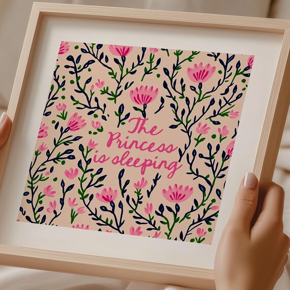 The Princess Is Sleeping Pink Floral Nursery Sign Baby Girl Room Wall Art Poster