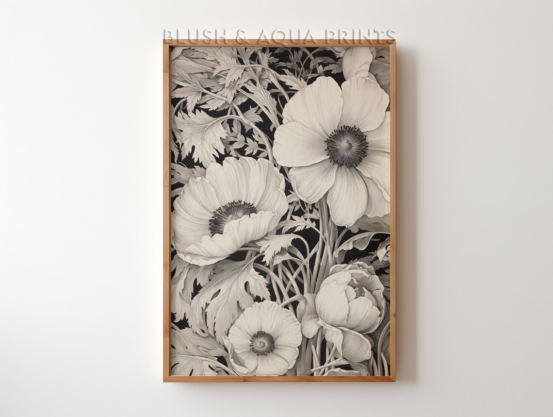 Vintage Botanical Lino Cut Poppy Bloom Black Cream Art Poster