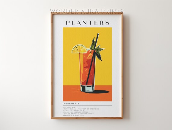 Planters Punch Rum Cocktail Recipe Bold Yellow Bar Cart Poster