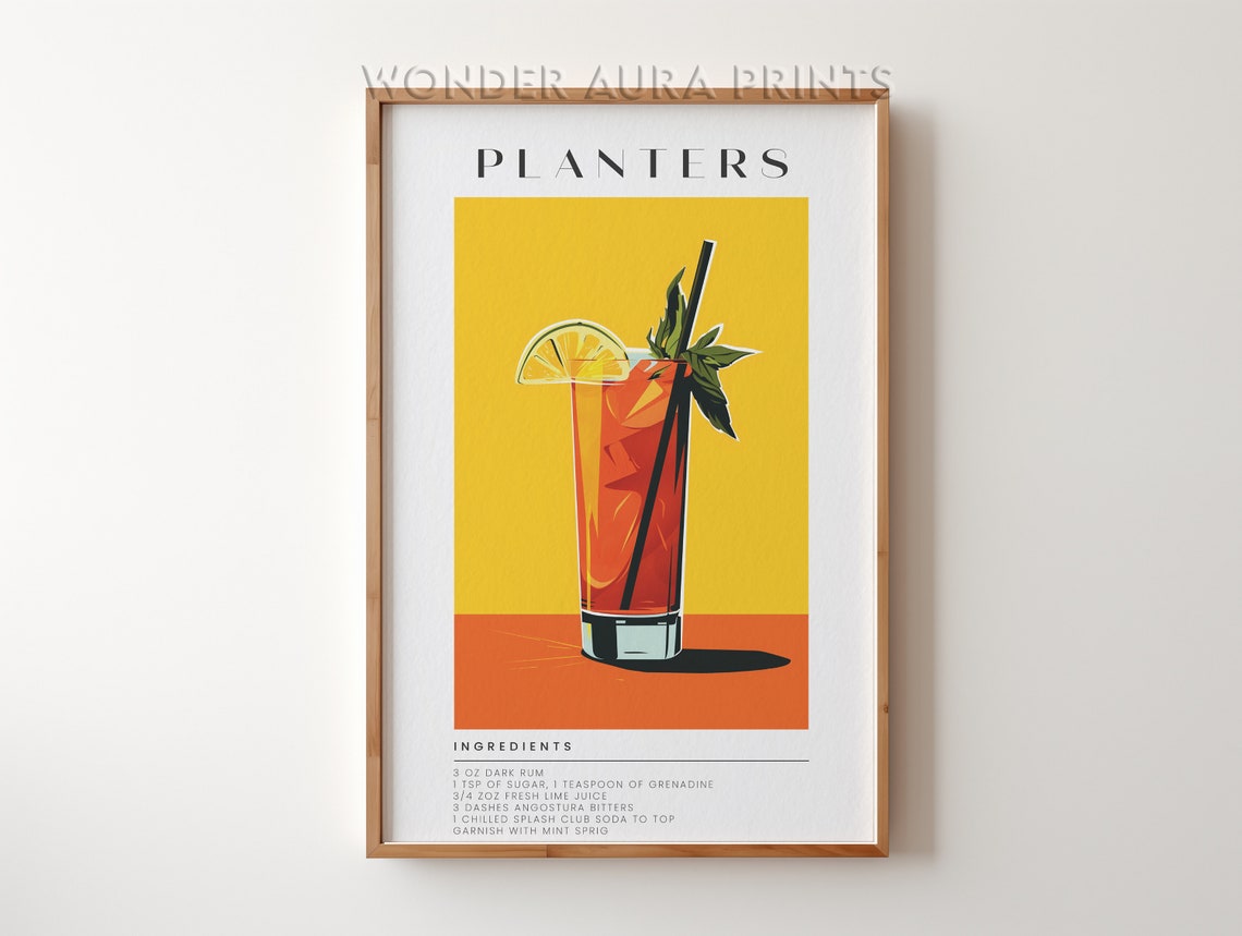 Planters Punch Rum Cocktail Recipe Bold Yellow Bar Cart Poster