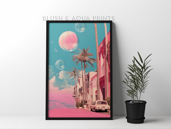 Retro Miami Beach Pink Palm Street With Beach Ball Art Poster