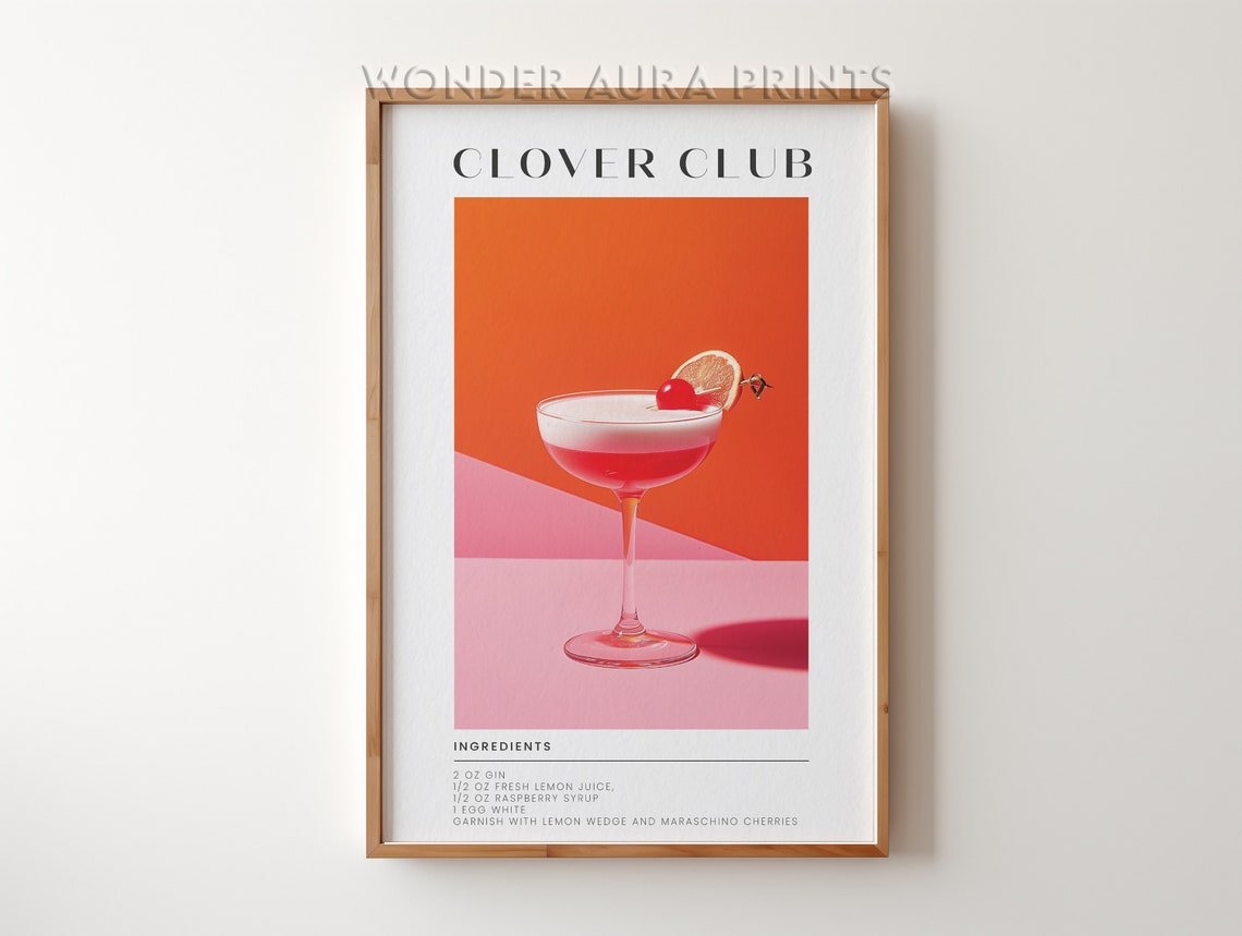 Clover Club Classic Cocktail Recipe Modern Bar Style Art Poster