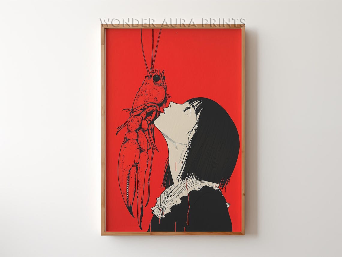Bold Surreal Japanese Pop Art Woman Kissing Giant Lobster Red Print