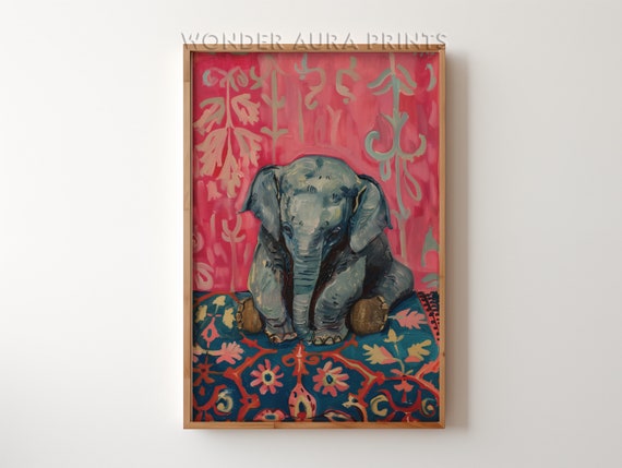 Preppy Baby Elephant On Pink Print Maximalist Wall Decor Dopamine Jungle Wonder Aura Prints
