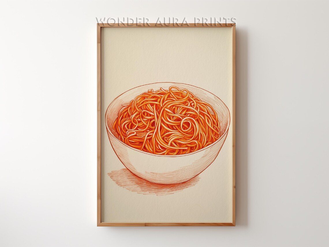 Spaghetti Bowl In Bold Red Line Art Italian Kitchen Food Poster