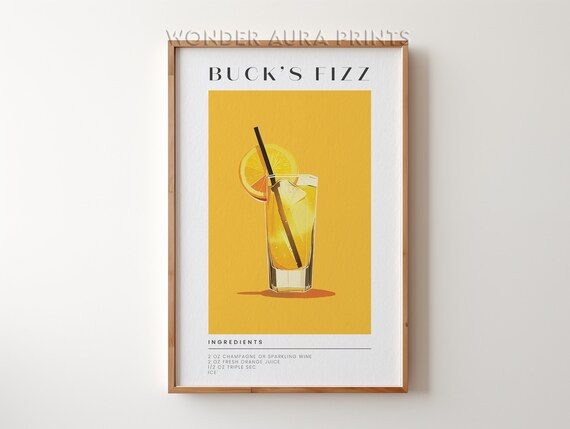 Bucks Fizz Cocktail Recipe Yellow Minimalist Bar Cart Poster