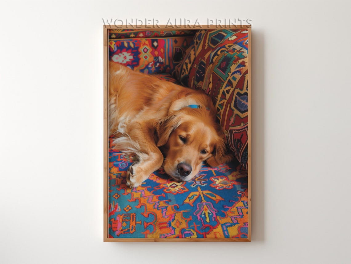 Sleeping Golden Retriever Dog on Colorful Patterned Rug Print