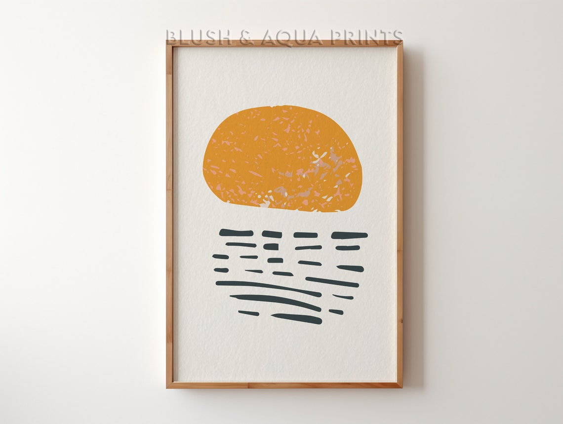 Minimalist Orange Abstract Sun Over Waves Boho Beach Wall Art