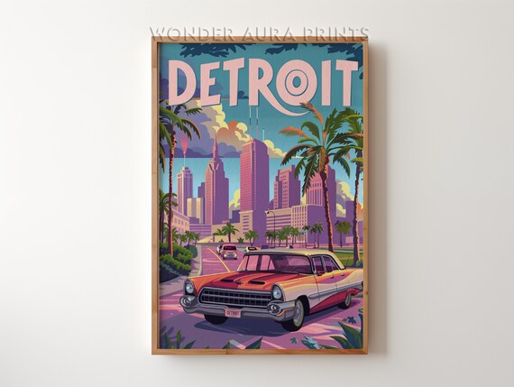 Detroit Michigan Retro Travel Poster with Vintage Classic Car