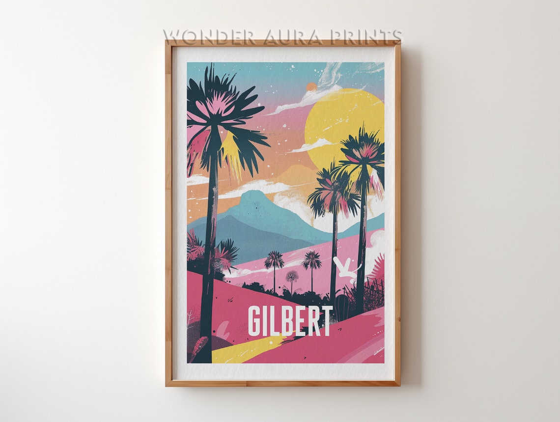 Gilbert Desert Palms Pink Sunset Southwestern Arizona Travel Poster