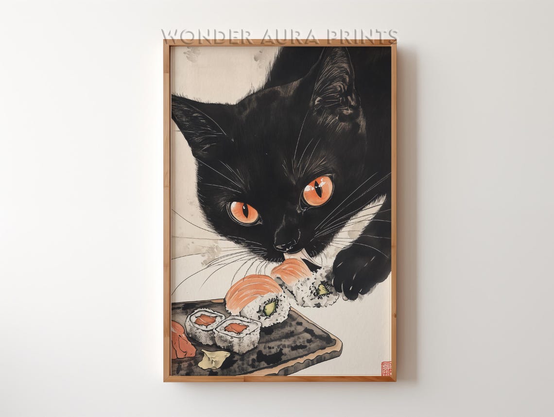 Japanese Black Cat Stealing Sushi Salmon Rolls Ink Style Art Print