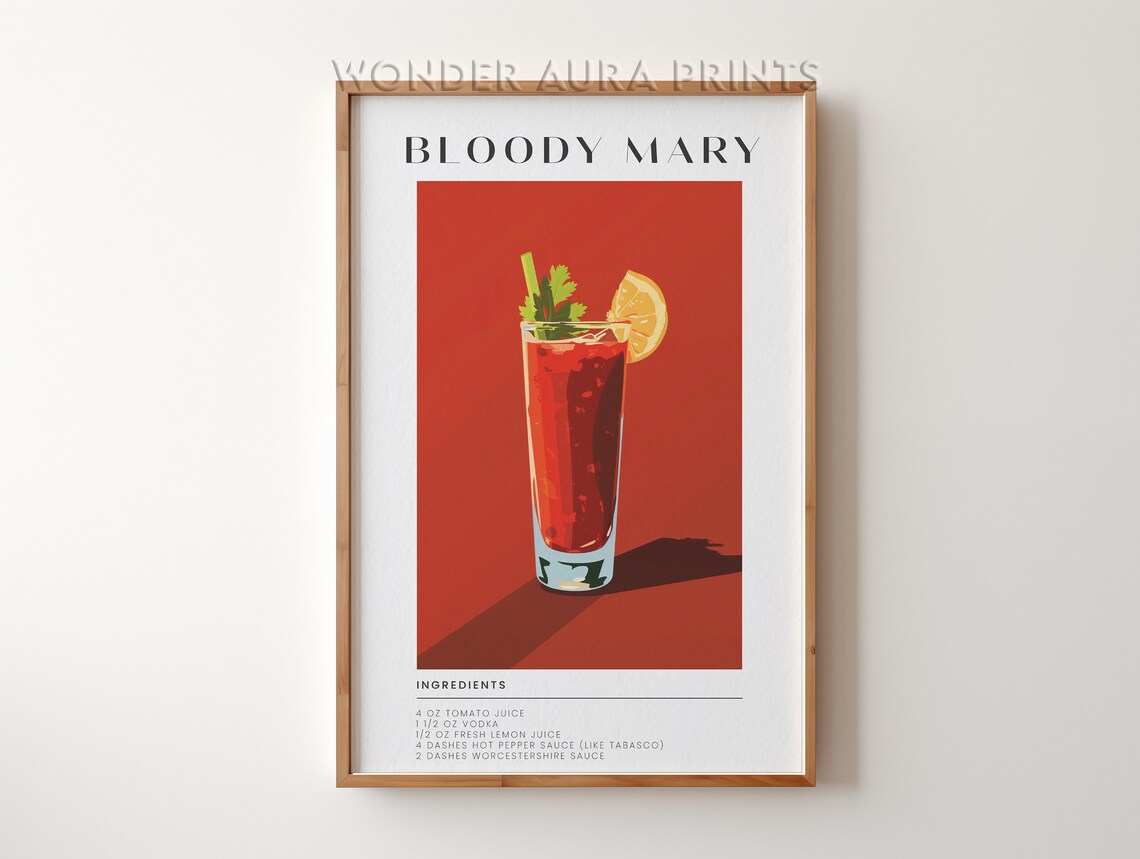 Bloody Mary Cocktail Recipe Illustration Bar Cart Decor Poster
