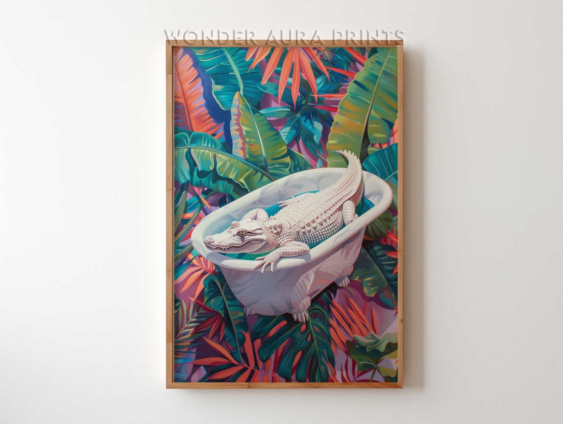 Albino Crocodile Relaxing in a Bathtub Tropical Jungle Wall Art