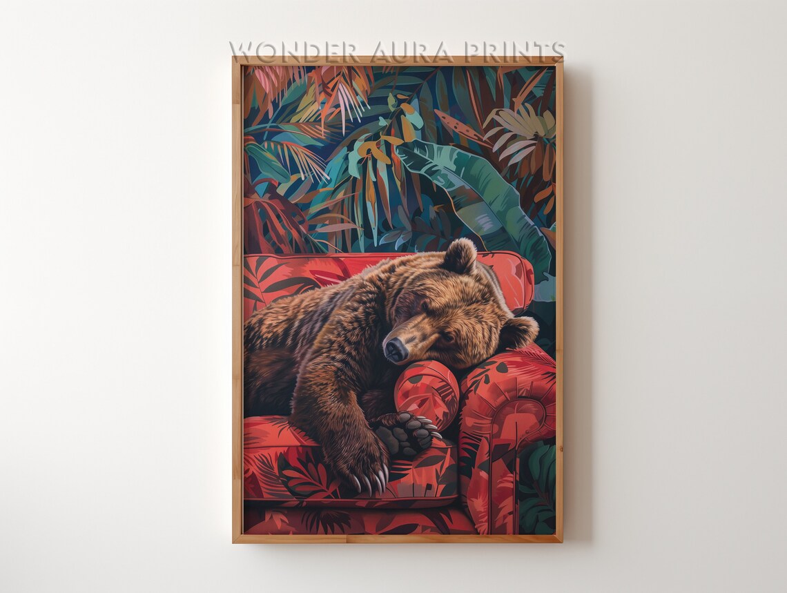 Sleeping Grizzly Bear Maximalist Bedroom Wall Art Print Dopamine Decor Jungle Wonder Aura Prints