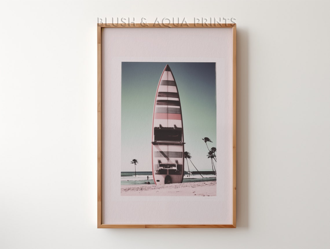 Striped Surfboard Standing On Beach With Palm Trees Wall Art