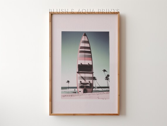 Striped Surfboard Standing On Beach With Palm Trees Wall Art