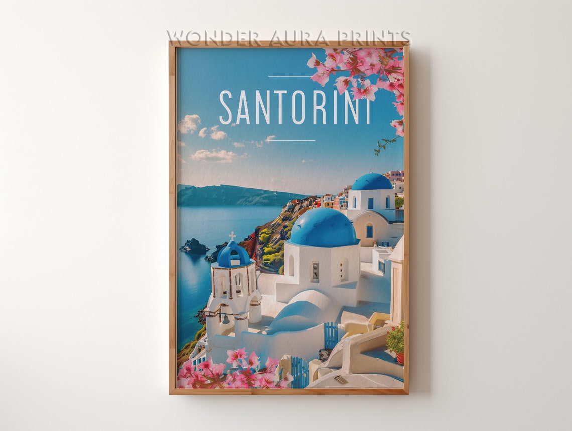 Santorini Blue Domes Pink Blossoms Greece Summer Travel Poster