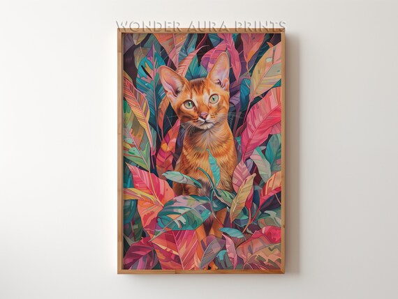 Abyssinian Cat Portrait in Colorful Tropical Leaves Jungle Poster