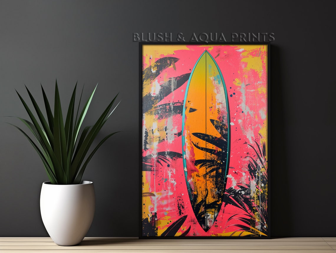 Neon Pink Surfboard Graffiti Pop Art Coastal Beach Surf Poster