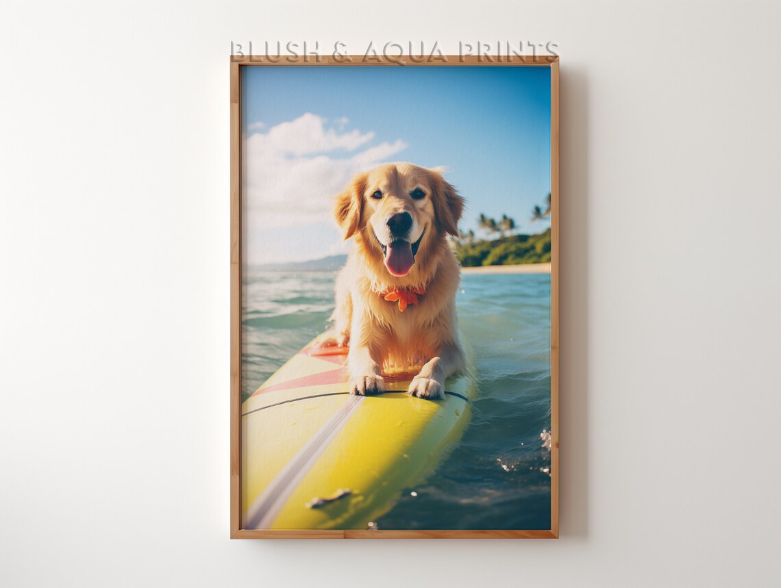Happy Golden Retriever Dog Riding A Yellow Surfboard Wall Art