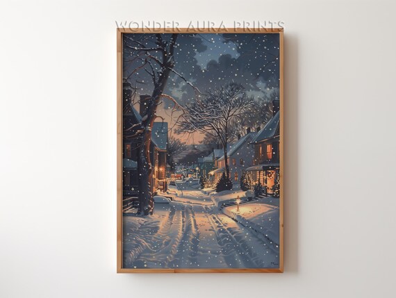Winter Village at Night Snowy Street Lights Holiday Art Poster