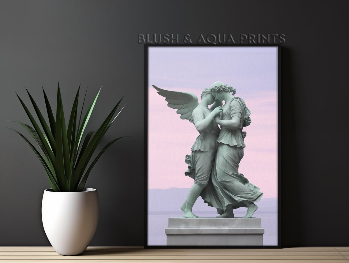 Angel Statue Embracing Figure Pastel Pink Classical Wall Art