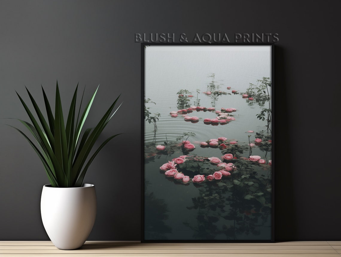 Blush Roses Floating on Misty Lake Romantic Floral Art Poster