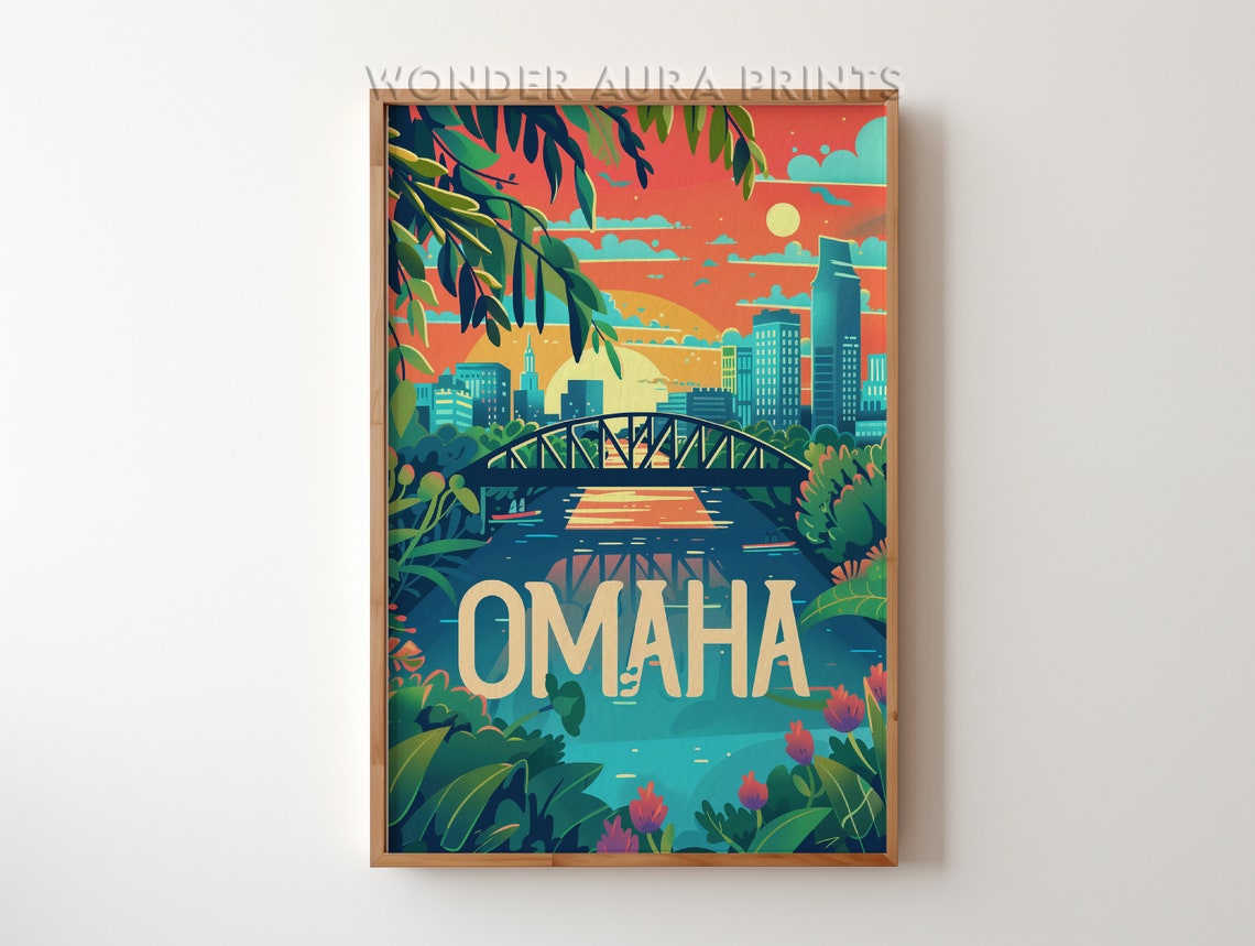 Omaha River Bridge At Sunset Framed By Tropical Foliage Poster