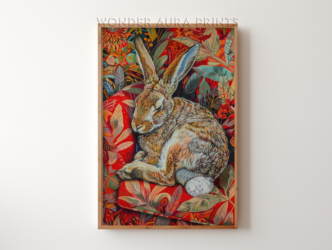 Sleeping Rabbit on Floral Cushion Maximalist Botanical Art Print