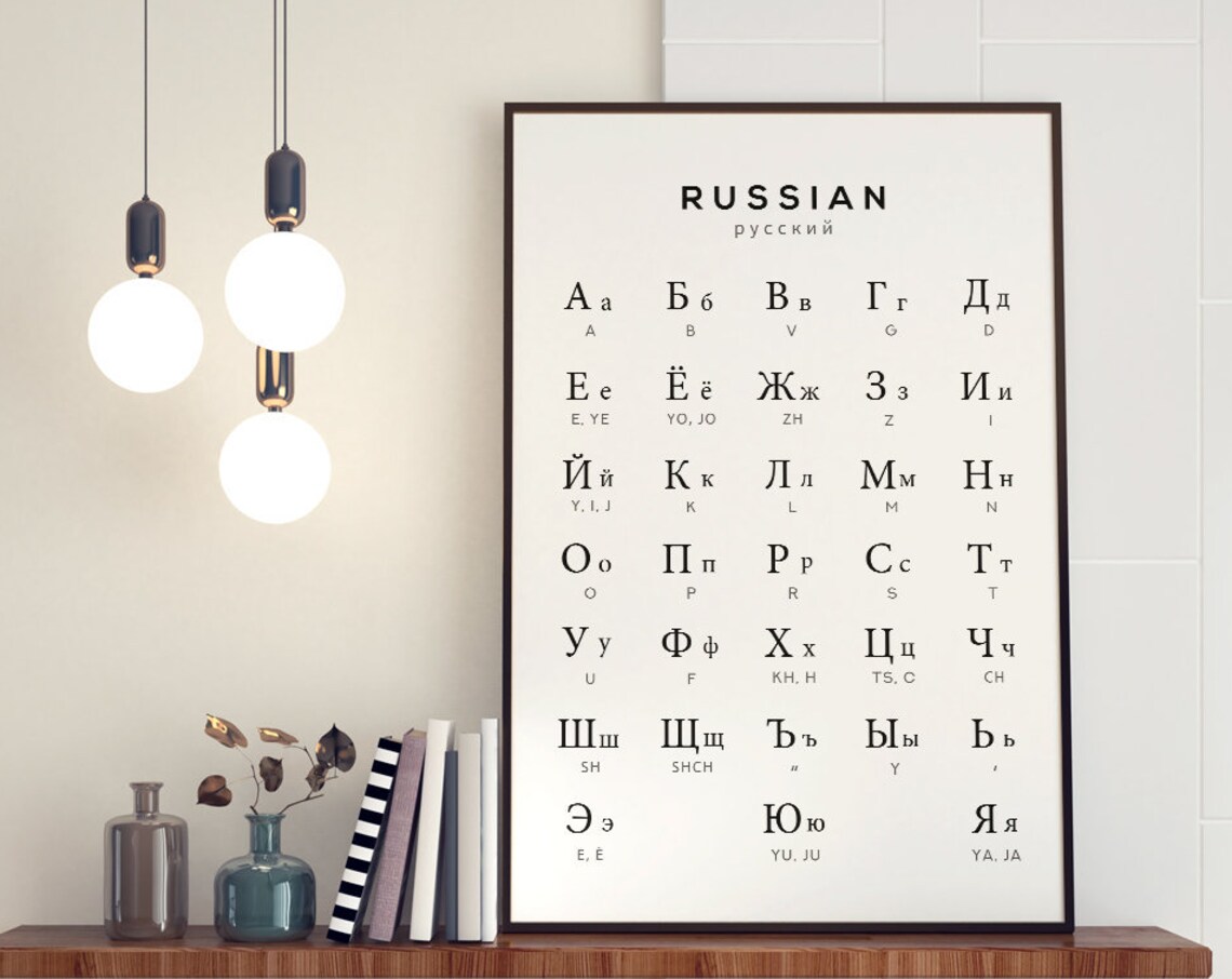 Russian Alphabet Cyrillic Chart, Black White Art Print