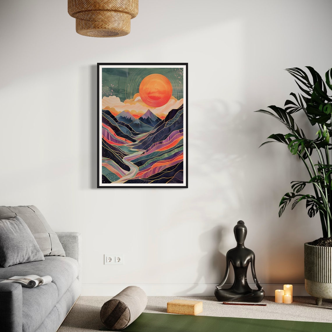 Colorful Mountain Valley Sunset River Gold Line Boho Art Print - Image 2